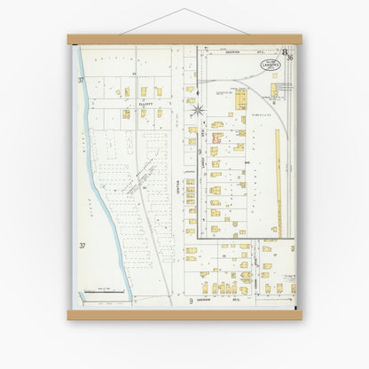 Old map wall art mockup — magnetic wood frame on white wall — Sanborn Fire Insurance Map from Lansing, Ingham County, Michigan (1906), Sheet #0008