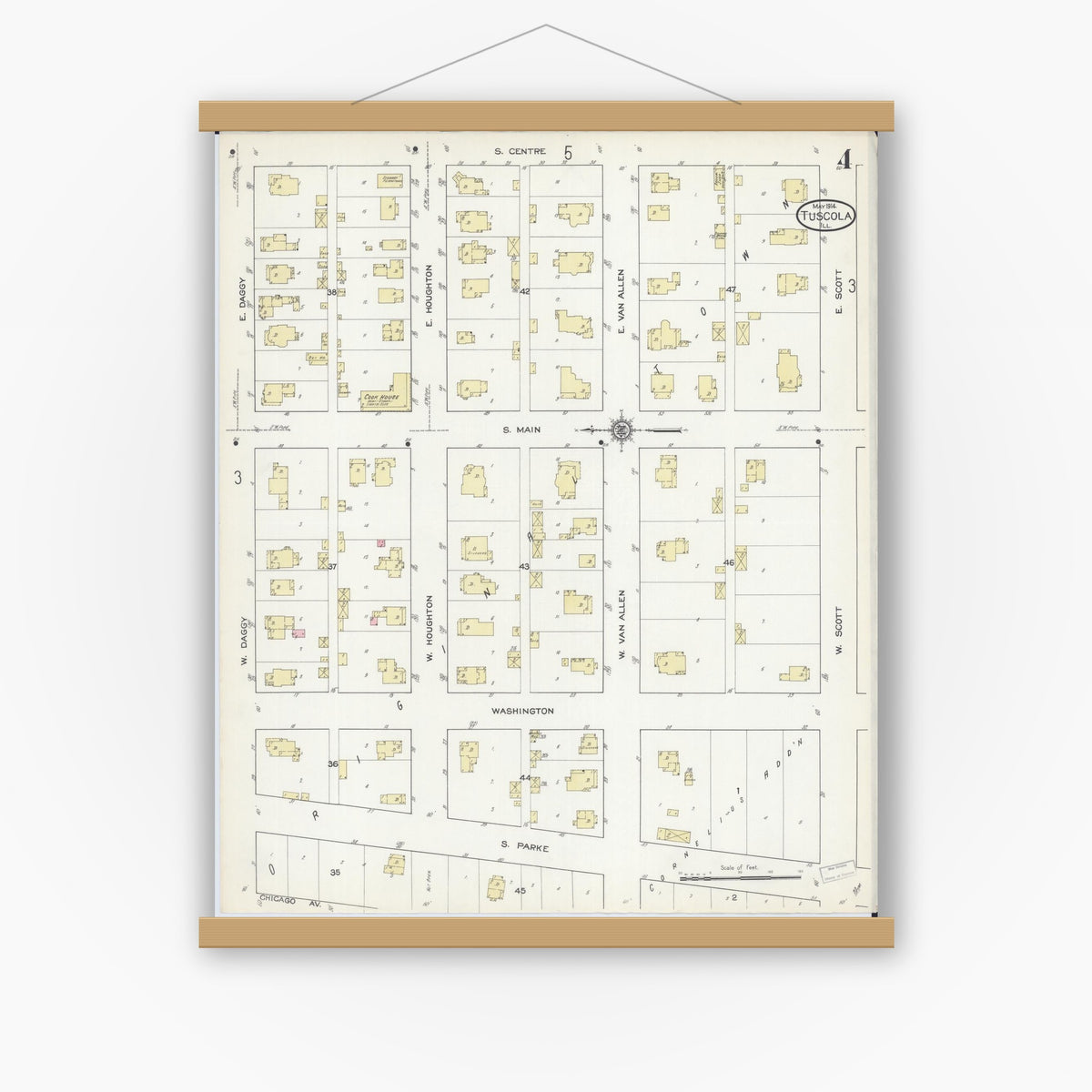 Old map wall art mockup — magnetic wood frame on white wall — Sanborn Fire Insurance Map from Tuscola, Douglas County, Illinois (1914), Sheet #0004