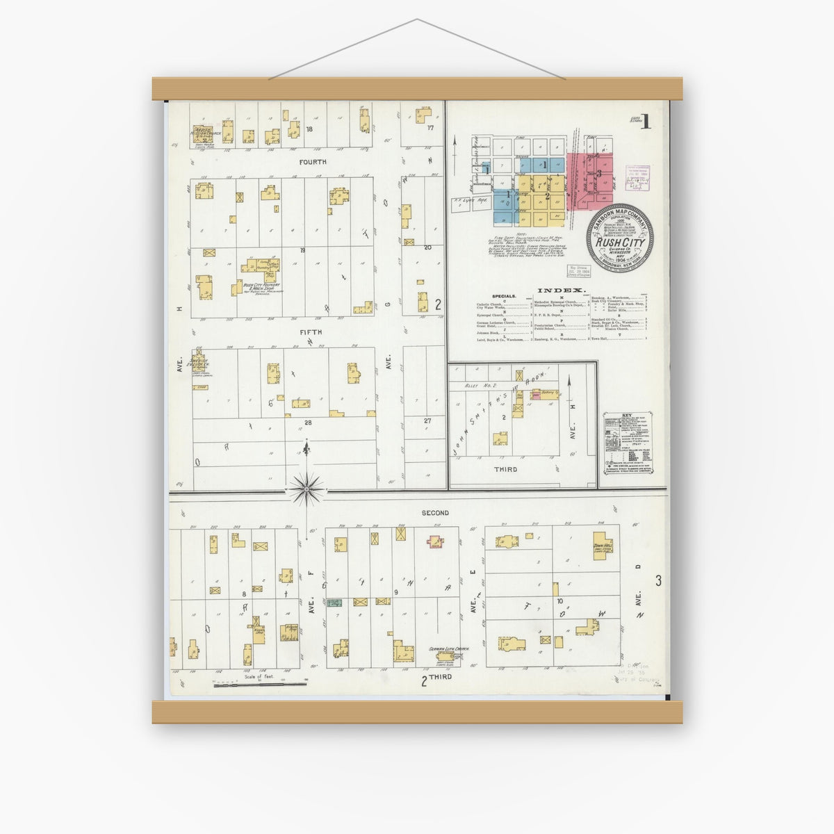 Old map wall art mockup — magnetic wood frame on white wall — Sanborn Fire Insurance Map from Rush City, Chisago County, Minnesota (1904), Sheet #0001