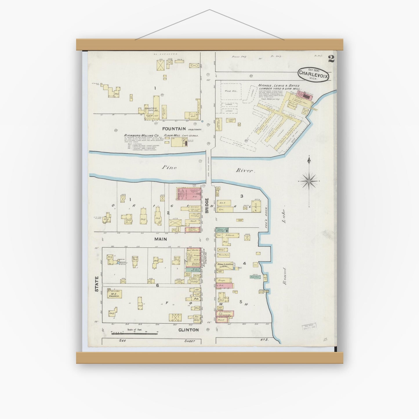 Old map wall art mockup — magnetic wood frame on white wall — Sanborn Fire Insurance Map from Charlevoix, Charlevoix County, Michigan (1890), Sheet #0002