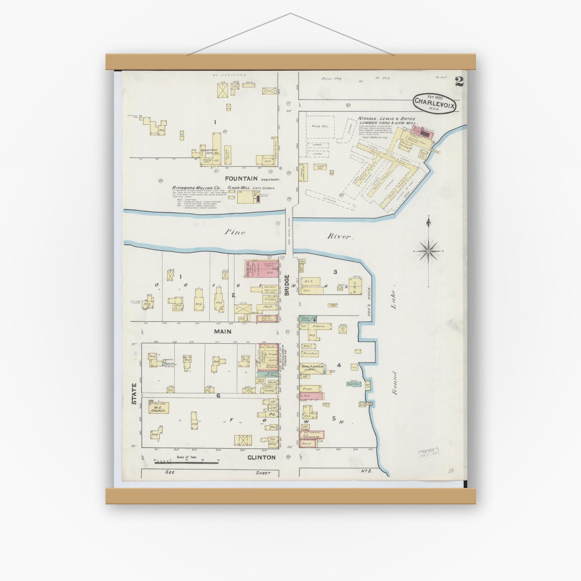 Old map wall art mockup — magnetic wood frame on white wall — Sanborn Fire Insurance Map from Charlevoix, Charlevoix County, Michigan (1890), Sheet #0002