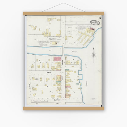 Old map wall art mockup — magnetic wood frame on white wall — Sanborn Fire Insurance Map from Charlevoix, Charlevoix County, Michigan (1890), Sheet #0002
