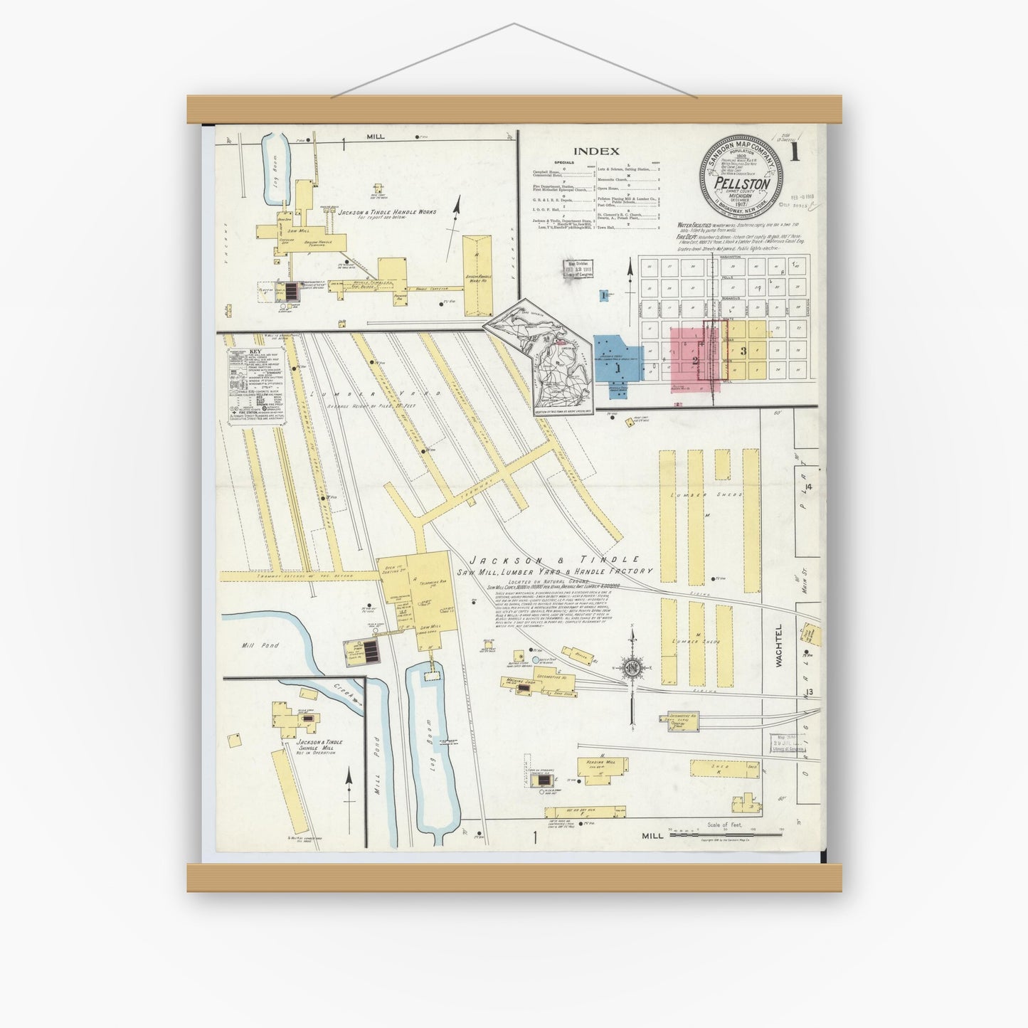 Old map wall art mockup — magnetic wood frame on white wall — Sanborn Fire Insurance Map from Pellston, Emmet County, Michigan (1917) - Complete Map Set