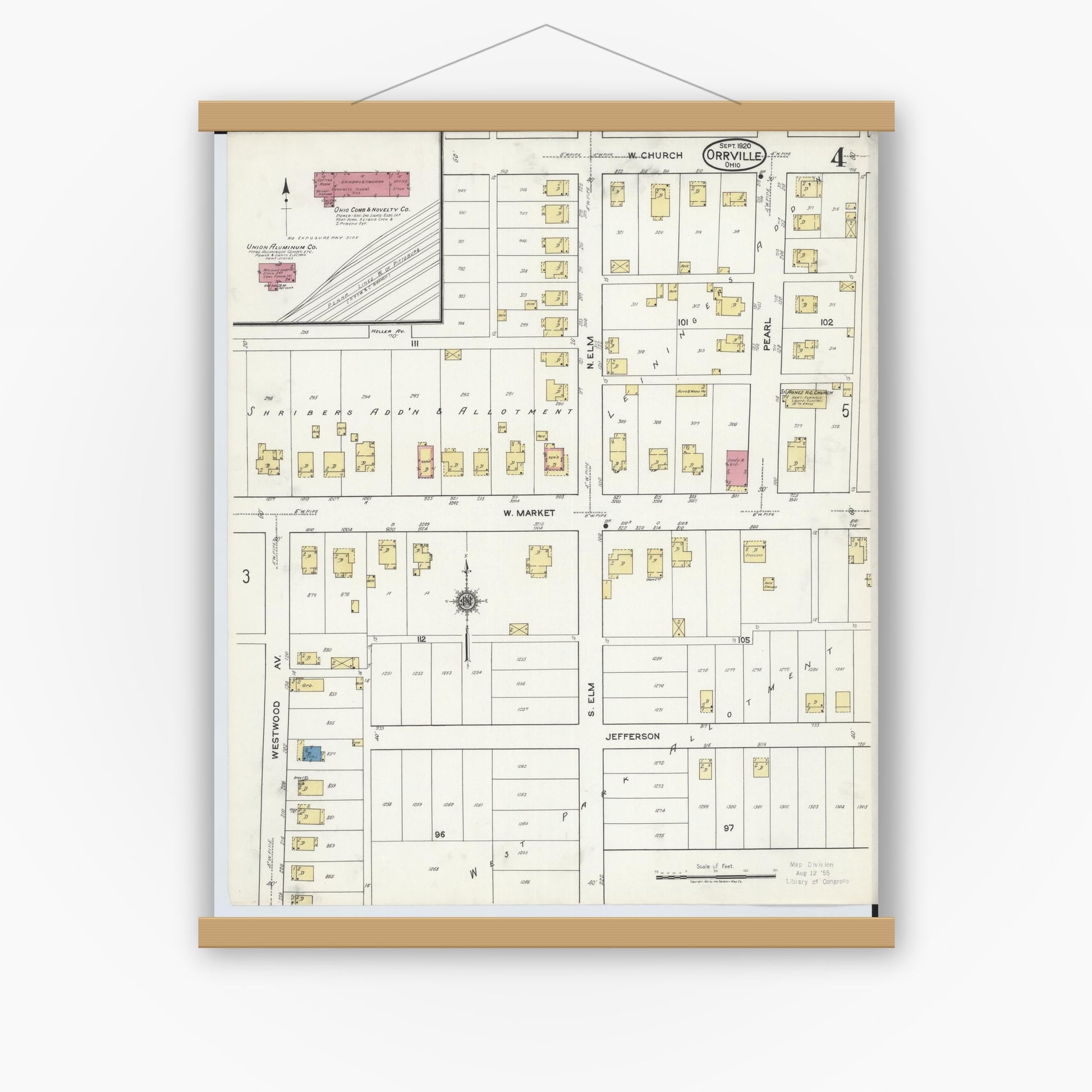 Old map wall art mockup — magnetic wood frame on white wall — Sanborn Fire Insurance Map from Orrville, Wayne County, Ohio (1920), Sheet #0004