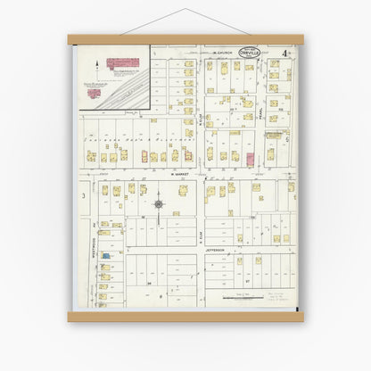 Old map wall art mockup — magnetic wood frame on white wall — Sanborn Fire Insurance Map from Orrville, Wayne County, Ohio (1920), Sheet #0004