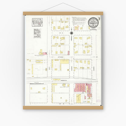 Old map wall art mockup — magnetic wood frame on white wall — Sanborn Fire Insurance Map from Prairie City, Jasper County, Iowa (1916), Sheet #0001