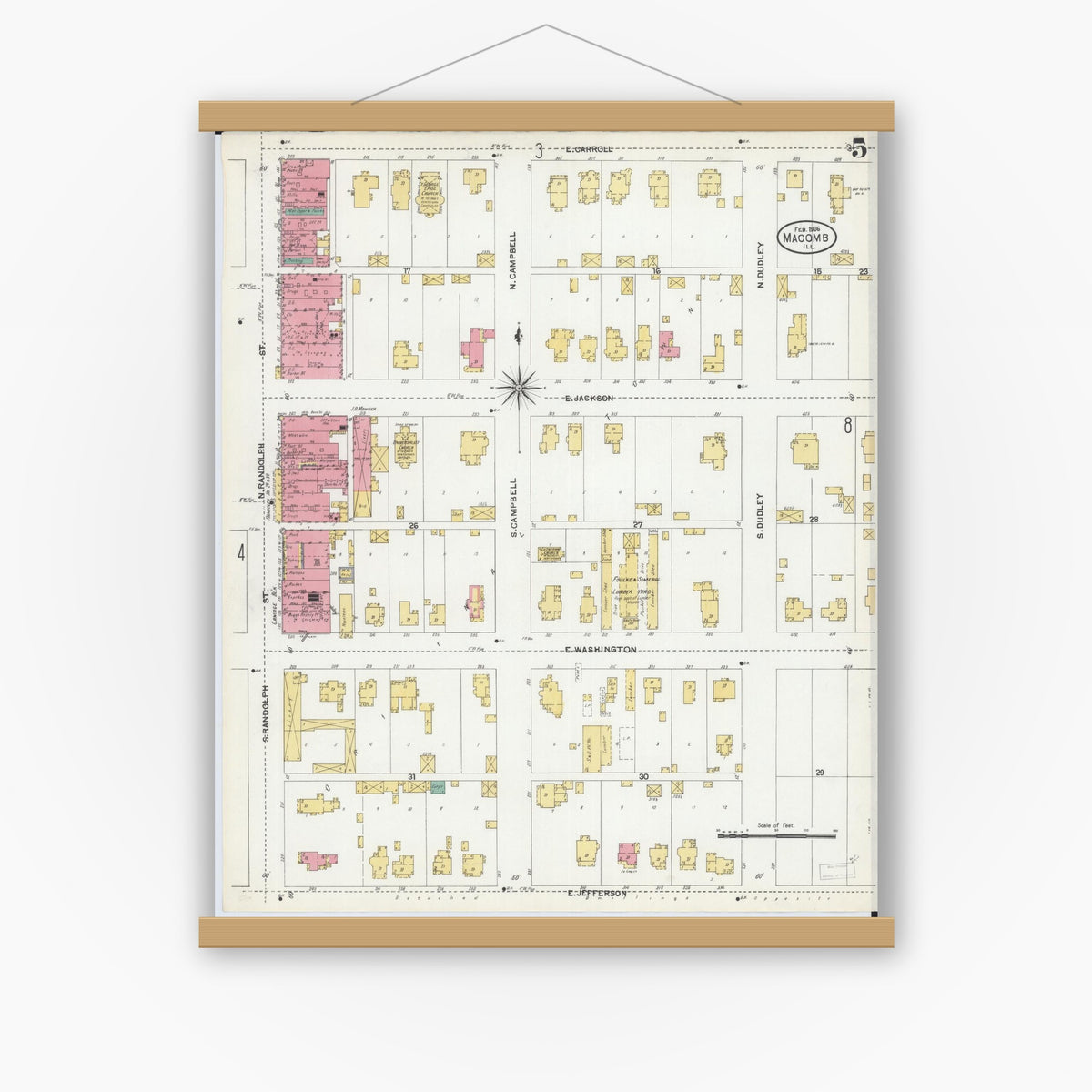Old map wall art mockup — magnetic wood frame on white wall — Sanborn Fire Insurance Map from Macomb, Mcdonough County, Illinois (1906), Sheet #0005