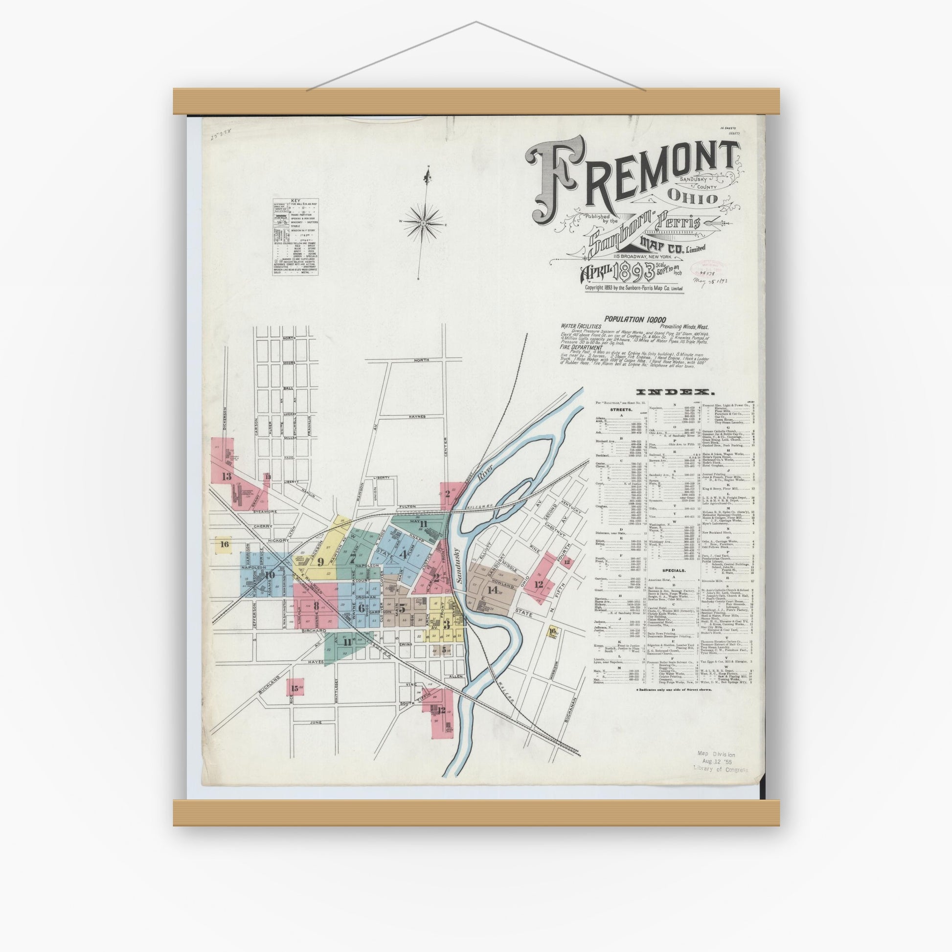 Old map wall art mockup — magnetic wood frame on white wall — Sanborn Fire Insurance Map from Fremont, Sandusky County, Ohio (1893) - Complete Map Set