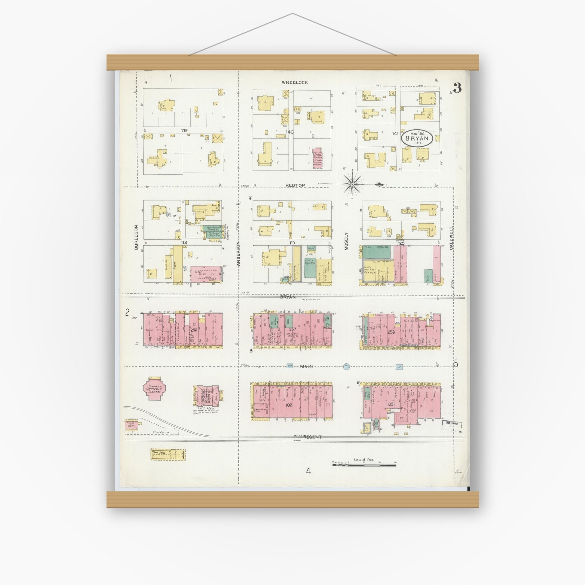 Old map wall art mockup — magnetic wood frame on white wall — Sanborn Fire Insurance Map from Bryan, Brazos County, Texas (1906), Sheet #0003