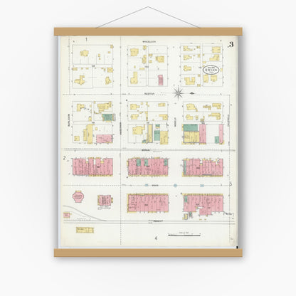 Old map wall art mockup — magnetic wood frame on white wall — Sanborn Fire Insurance Map from Bryan, Brazos County, Texas (1906), Sheet #0003