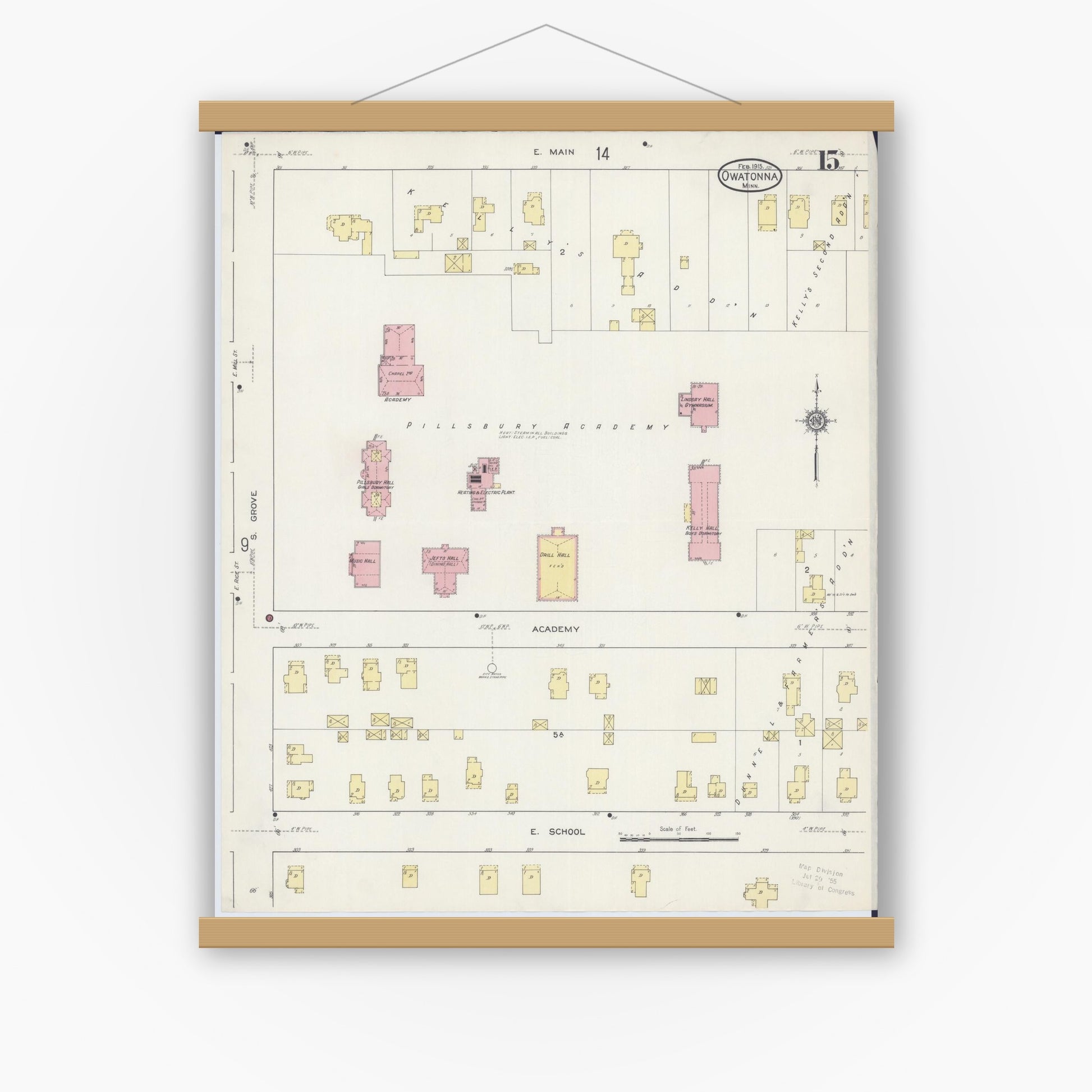 Old map wall art mockup — magnetic wood frame on white wall — Sanborn Fire Insurance Map from Owatonna, Steele County, Minnesota (1915), Sheet #0015