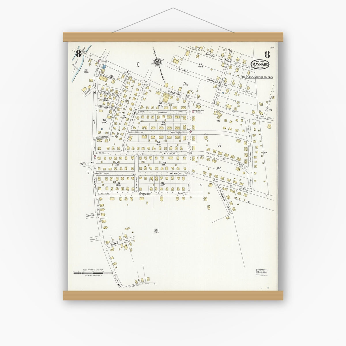 Old map wall art mockup — magnetic wood frame on white wall — Sanborn Fire Insurance Map from Maynard, Middlesex County, Massachusetts (1924), Sheet #0008