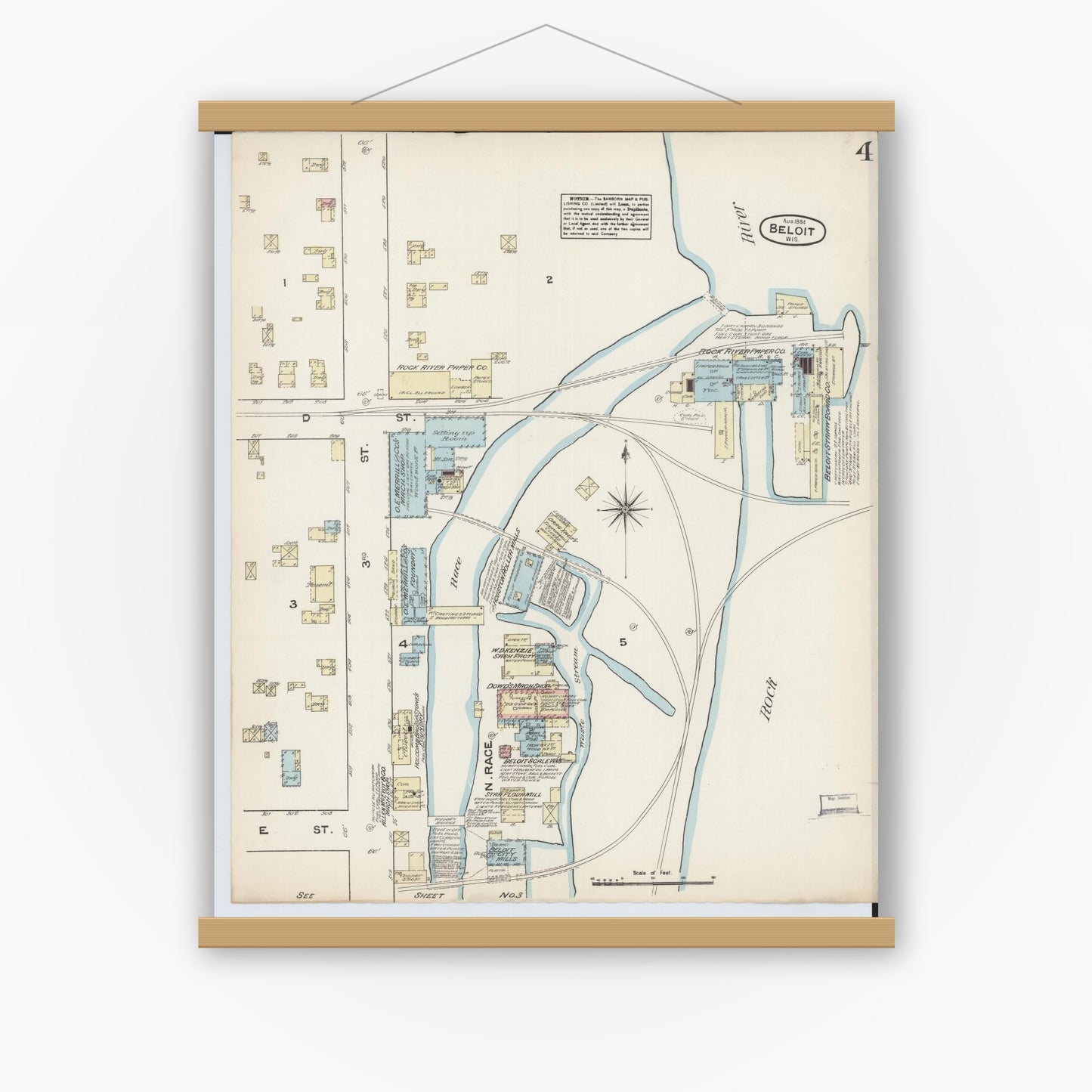 Old map wall art mockup — magnetic wood frame on white wall — Sanborn Fire Insurance Map from Beloit, Rock County, Wisconsin (1884), Sheet #0004