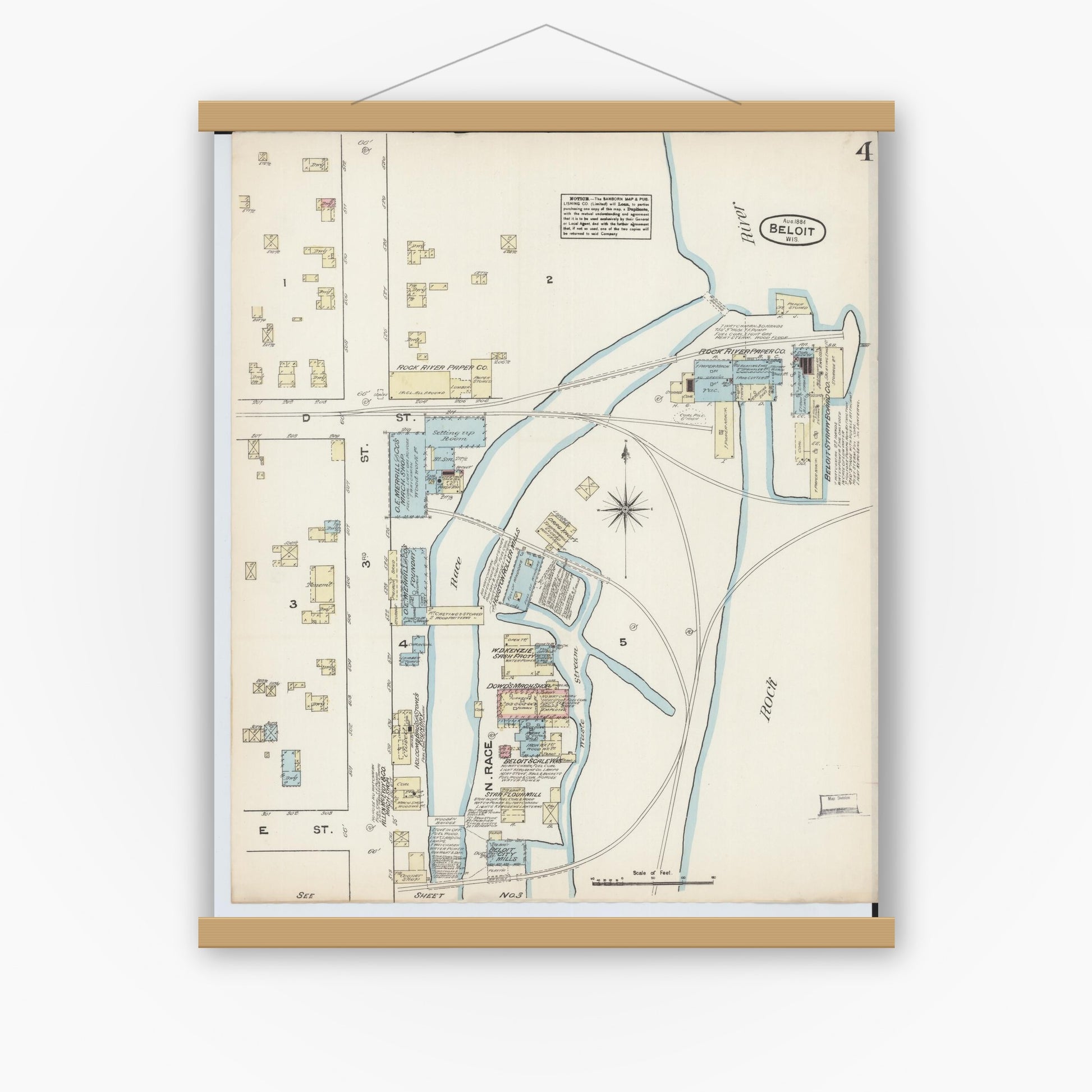 Old map wall art mockup — magnetic wood frame on white wall — Sanborn Fire Insurance Map from Beloit, Rock County, Wisconsin (1884), Sheet #0004