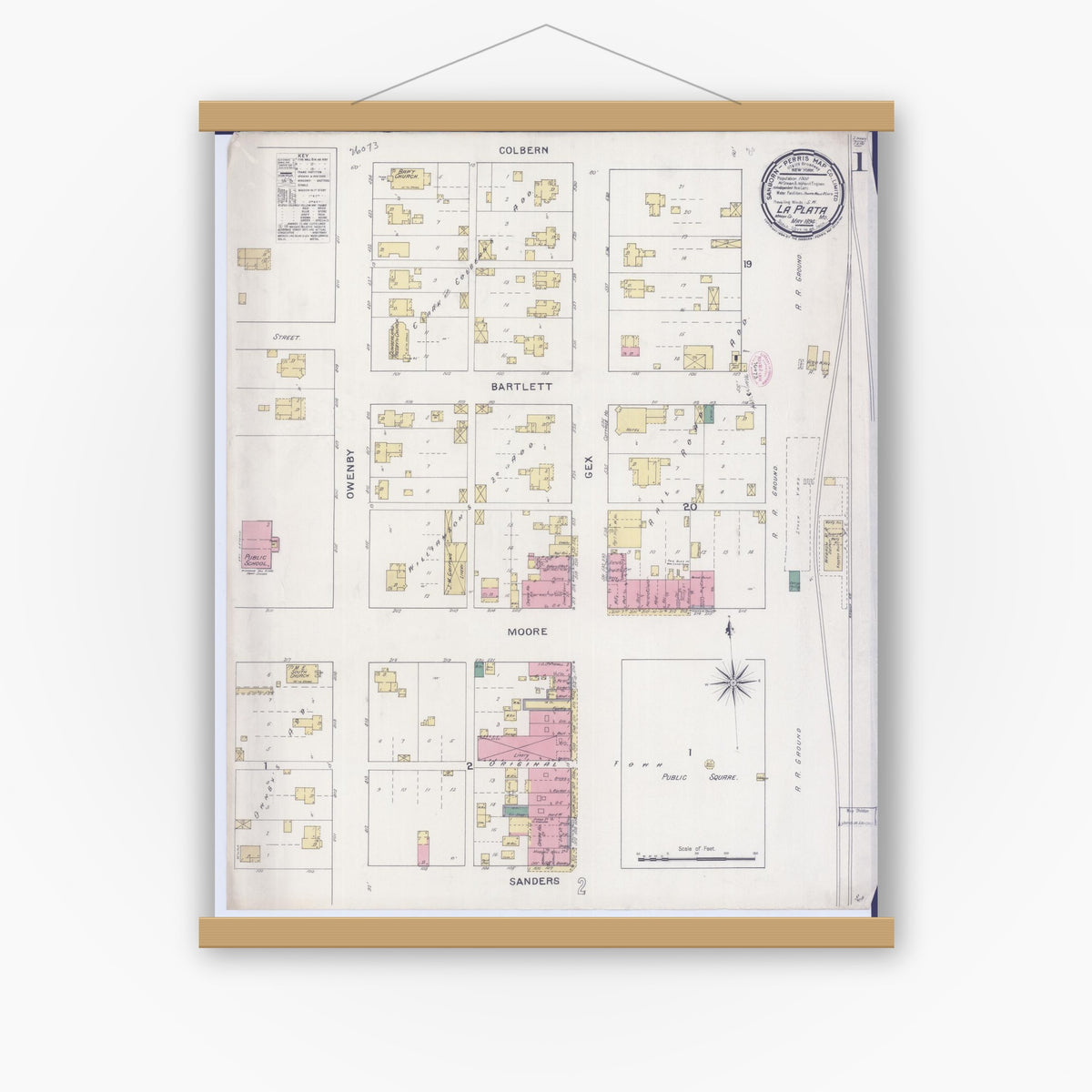 Old map wall art mockup — magnetic wood frame on white wall — Sanborn Fire Insurance Map from La Plata, Macon County, Missouri (1894) - Complete Map Set