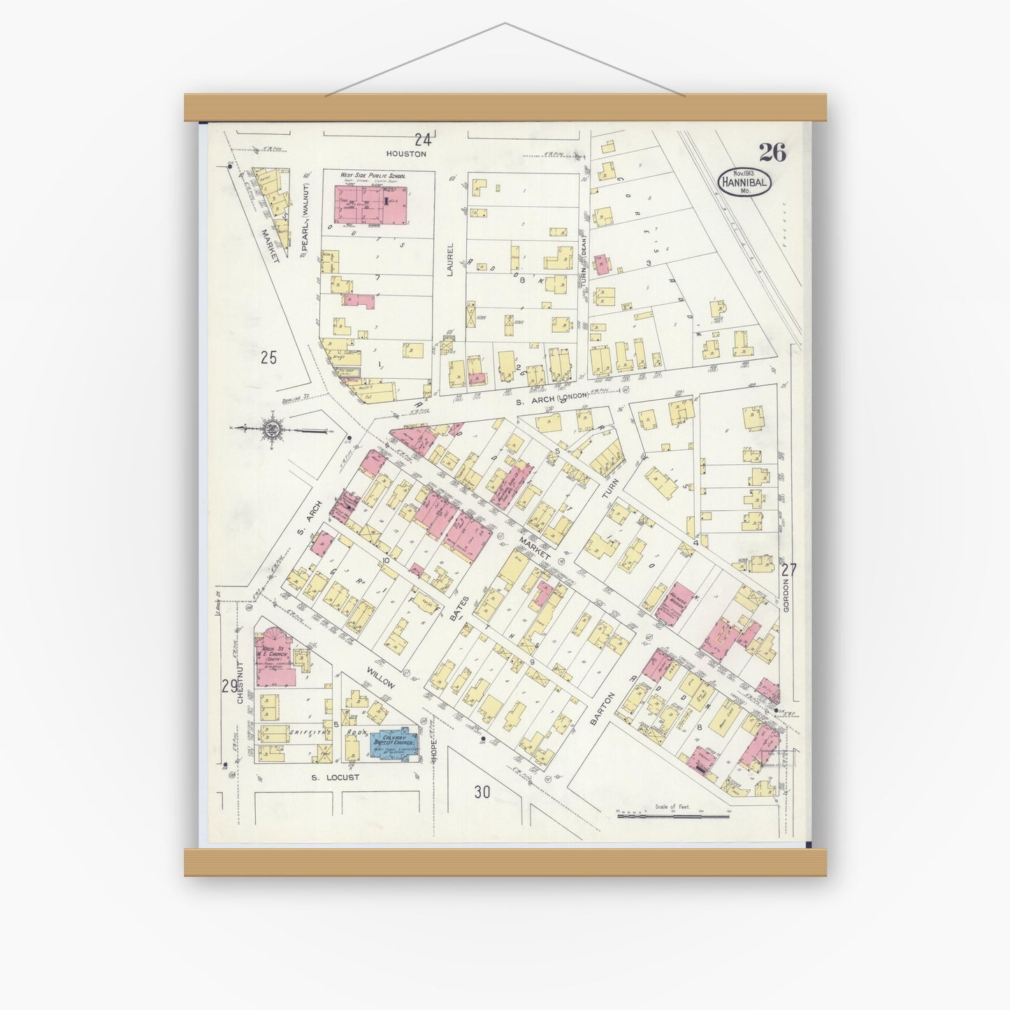 Old map wall art mockup — magnetic wood frame on white wall — Sanborn Fire Insurance Map from Hannibal, Marion County, Missouri (1913), Sheet #0026