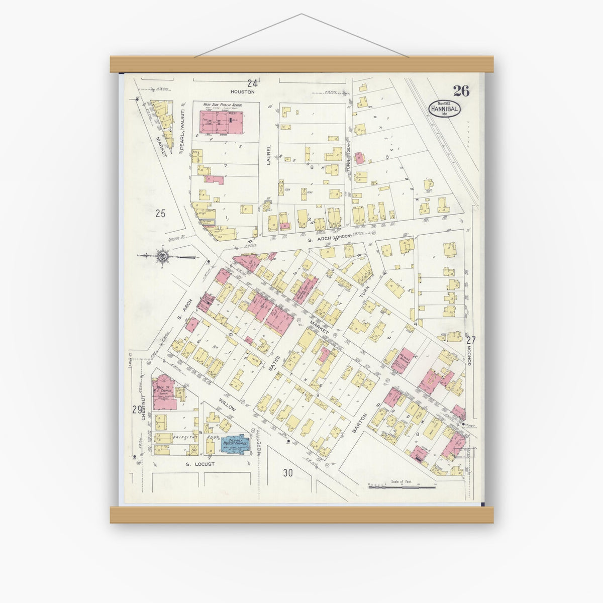 Old map wall art mockup — magnetic wood frame on white wall — Sanborn Fire Insurance Map from Hannibal, Marion County, Missouri (1913), Sheet #0026