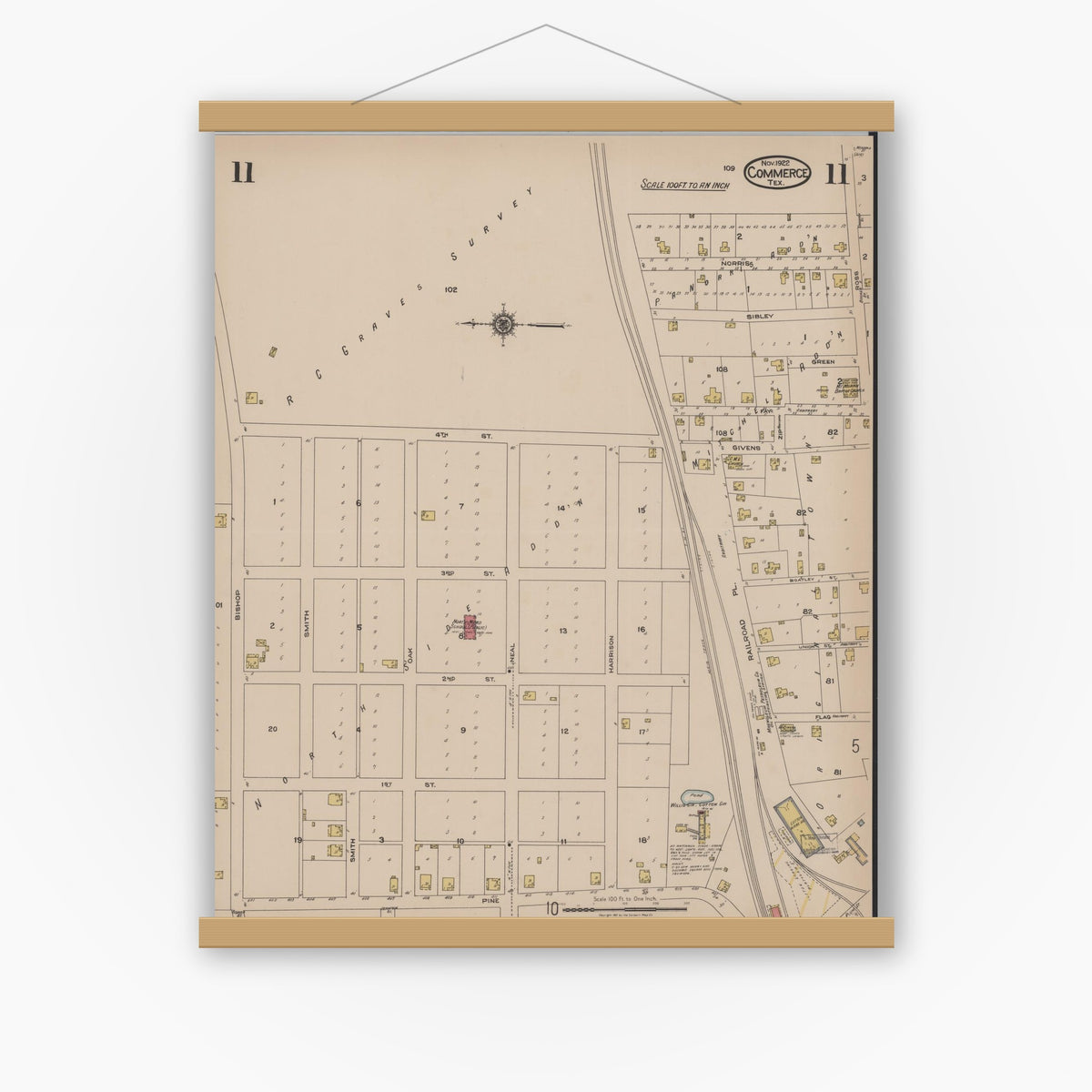 Old map wall art mockup — magnetic wood frame on white wall — Sanborn Fire Insurance Map from Commerce, Hunt County, Texas (1922), Sheet #0011