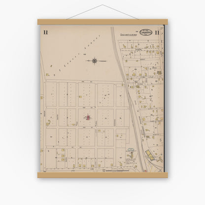 Old map wall art mockup — magnetic wood frame on white wall — Sanborn Fire Insurance Map from Commerce, Hunt County, Texas (1922), Sheet #0011