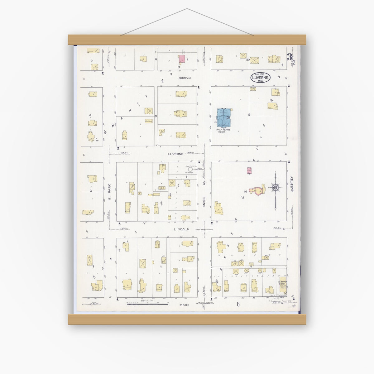Old map wall art mockup — magnetic wood frame on white wall — Sanborn Fire Insurance Map from Luverne, Rock County, Minnesota (1913), Sheet #0003