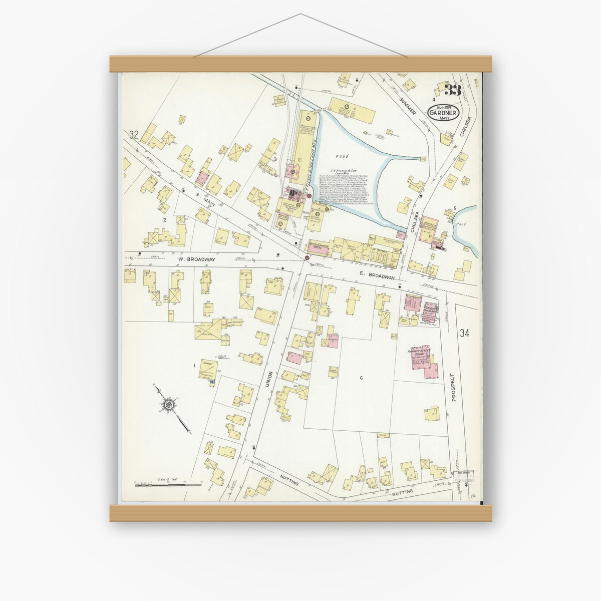 Old map wall art mockup — magnetic wood frame on white wall — Sanborn Fire Insurance Map from Gardner, Worcester County, Massachusetts (1914), Sheet #0033