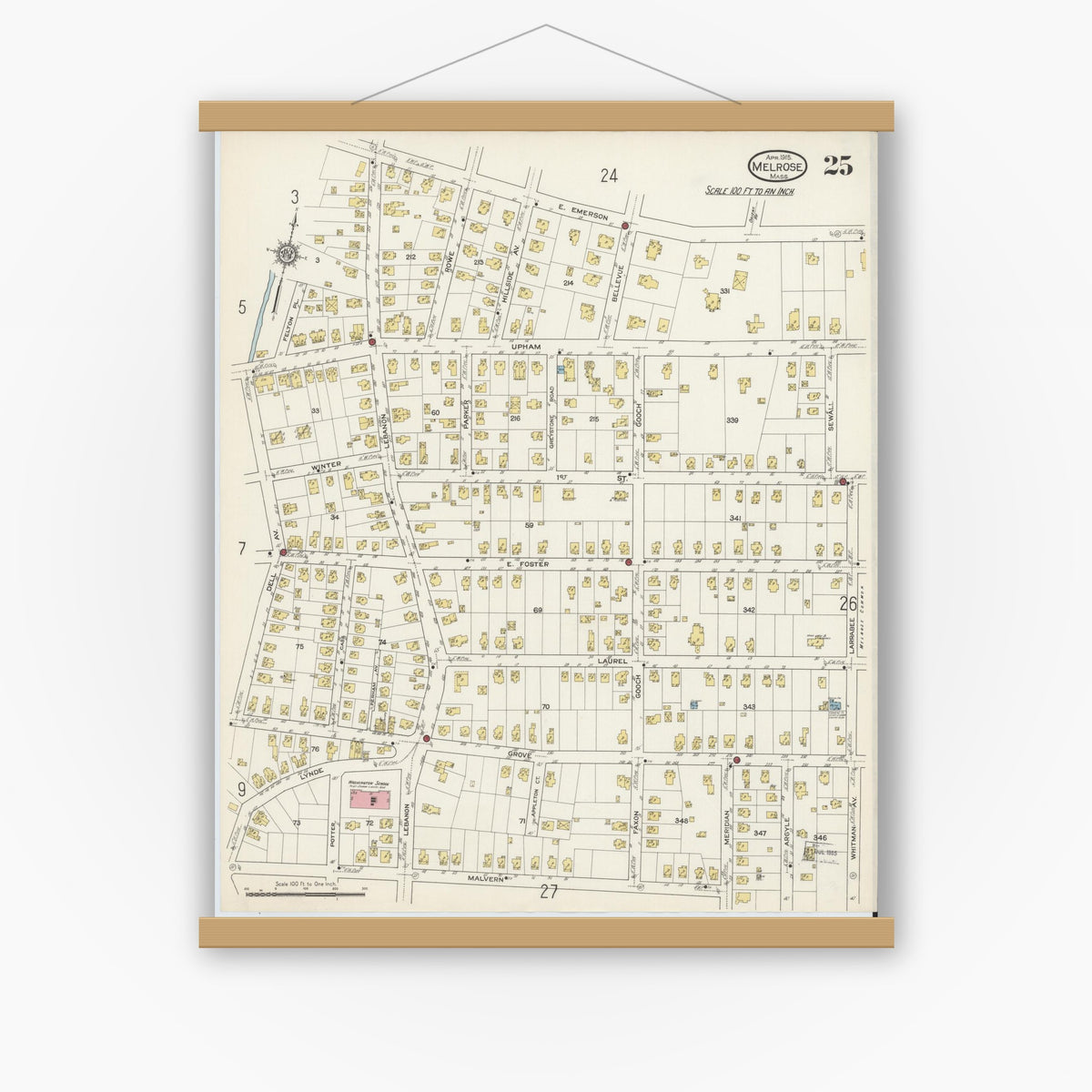 Old map wall art mockup — magnetic wood frame on white wall — Sanborn Fire Insurance Map from Melrose, Middlesex County, Massachusetts (1915), Sheet #0025