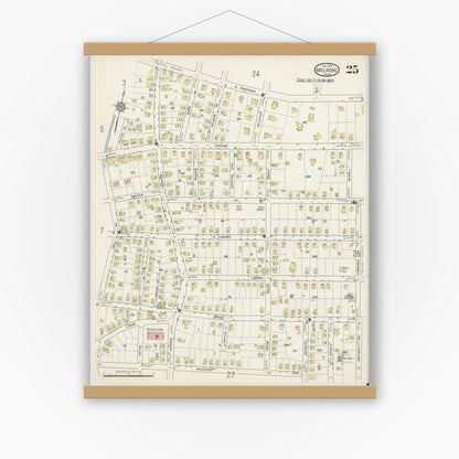 Old map wall art mockup — magnetic wood frame on white wall — Sanborn Fire Insurance Map from Melrose, Middlesex County, Massachusetts (1915), Sheet #0025