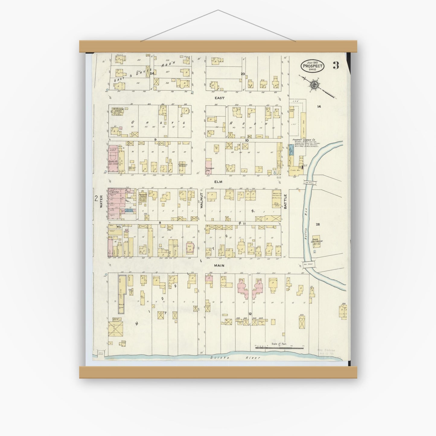 Old map wall art mockup — magnetic wood frame on white wall — Sanborn Fire Insurance Map from Prospect, Marion County, Ohio (1910), Sheet #0003