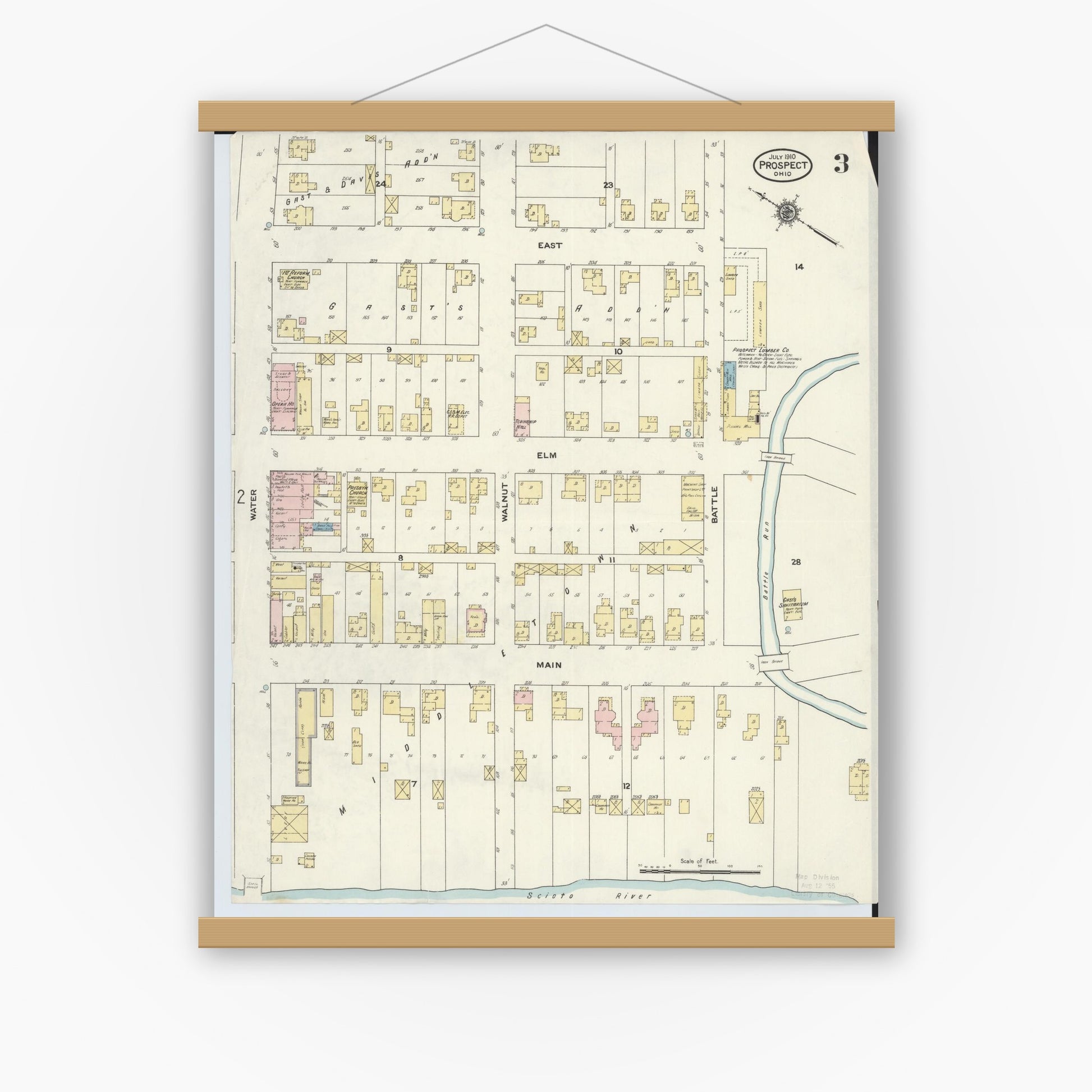 Old map wall art mockup — magnetic wood frame on white wall — Sanborn Fire Insurance Map from Prospect, Marion County, Ohio (1910), Sheet #0003