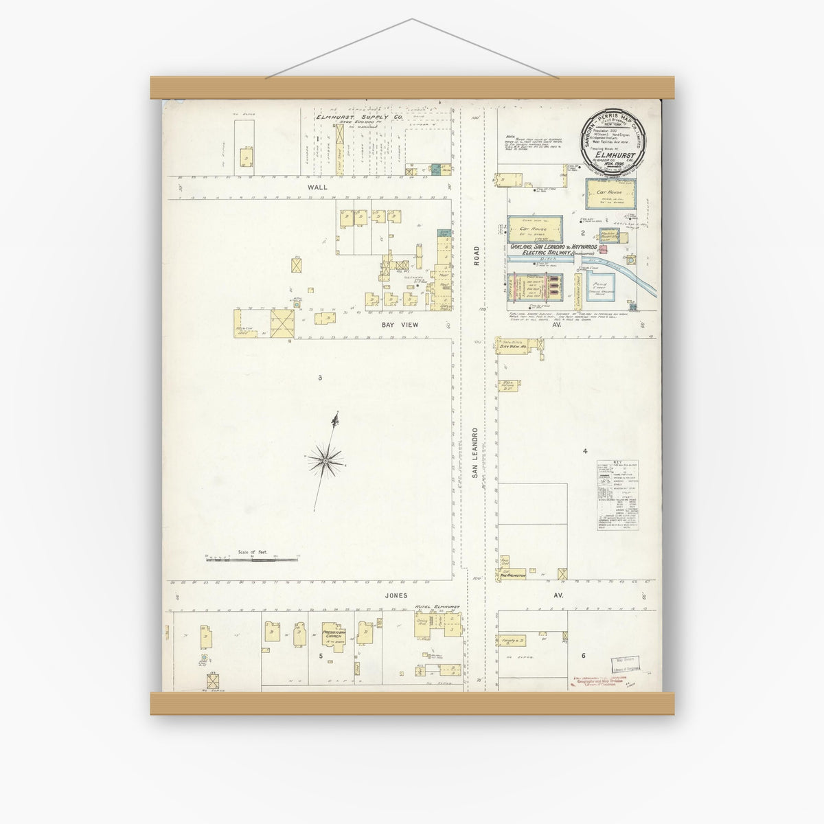 Old map wall art mockup — magnetic wood frame on white wall — Sanborn Fire Insurance Map from Elmhurst, Alameda County, California (1896), Sheet #0001