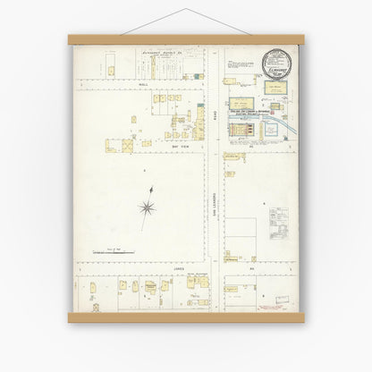 Old map wall art mockup — magnetic wood frame on white wall — Sanborn Fire Insurance Map from Elmhurst, Alameda County, California (1896), Sheet #0001