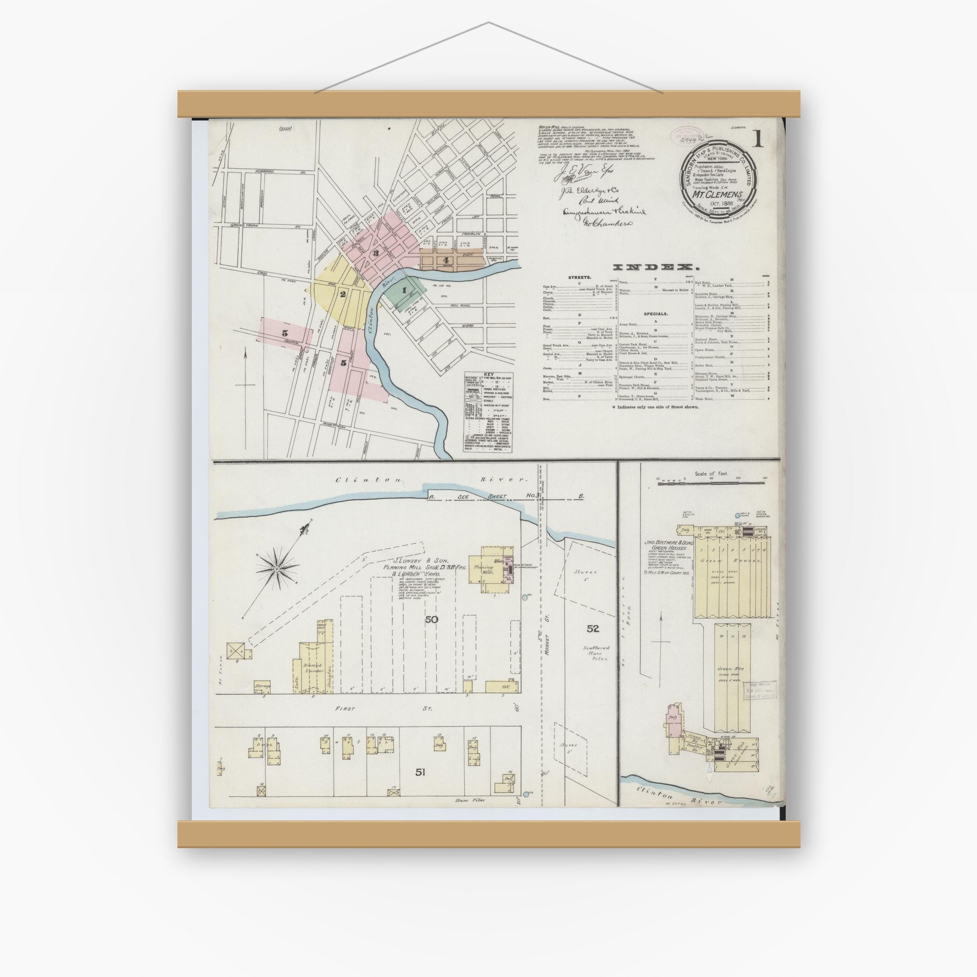 Old map wall art mockup — magnetic wood frame on white wall — Sanborn Fire Insurance Map from Mount Clemens, Macomb County, Michigan (1888) - Complete Map Set