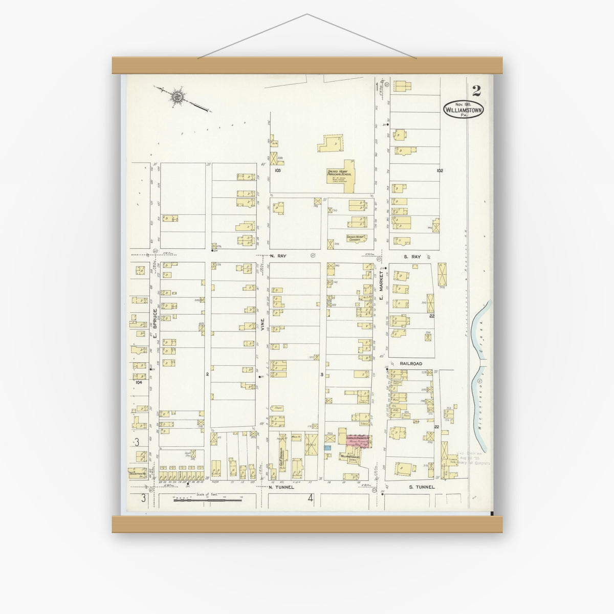 Old map wall art mockup — magnetic wood frame on white wall — Sanborn Fire Insurance Map from Williamstown, Dauphin County, Pennsylvania (1911), Sheet #0002