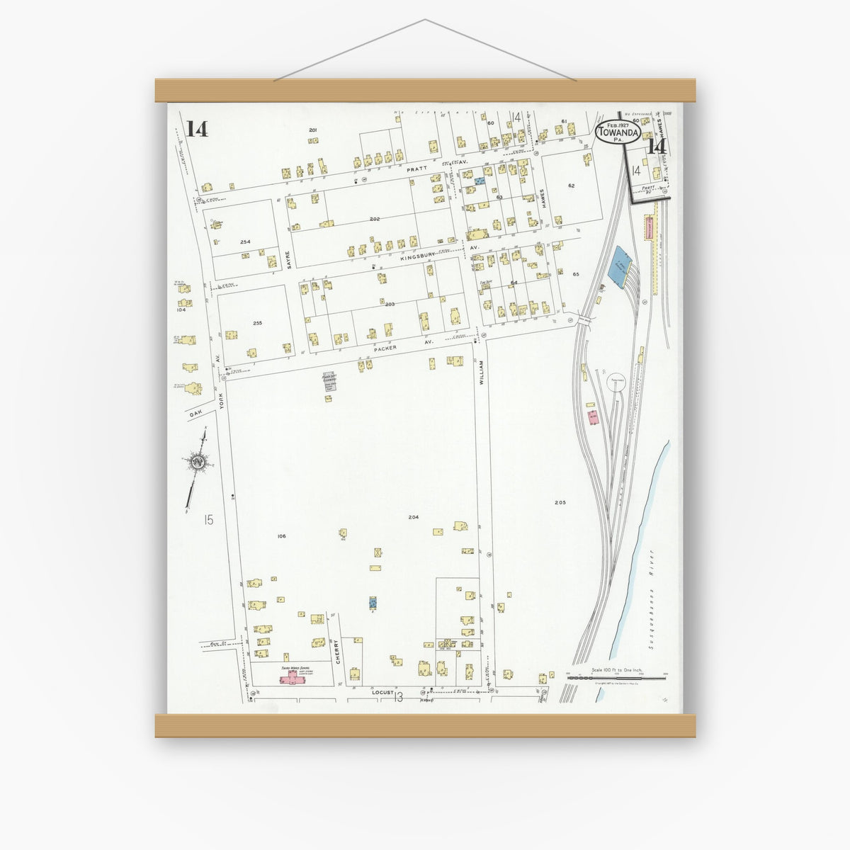 Old map wall art mockup — magnetic wood frame on white wall — Sanborn Fire Insurance Map from Towanda, Bradford County, Pennsylvania (1927), Sheet #0014