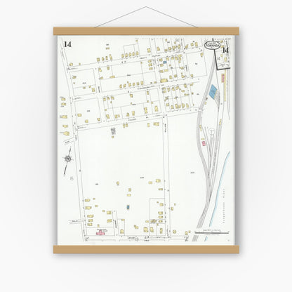 Old map wall art mockup — magnetic wood frame on white wall — Sanborn Fire Insurance Map from Towanda, Bradford County, Pennsylvania (1927), Sheet #0014
