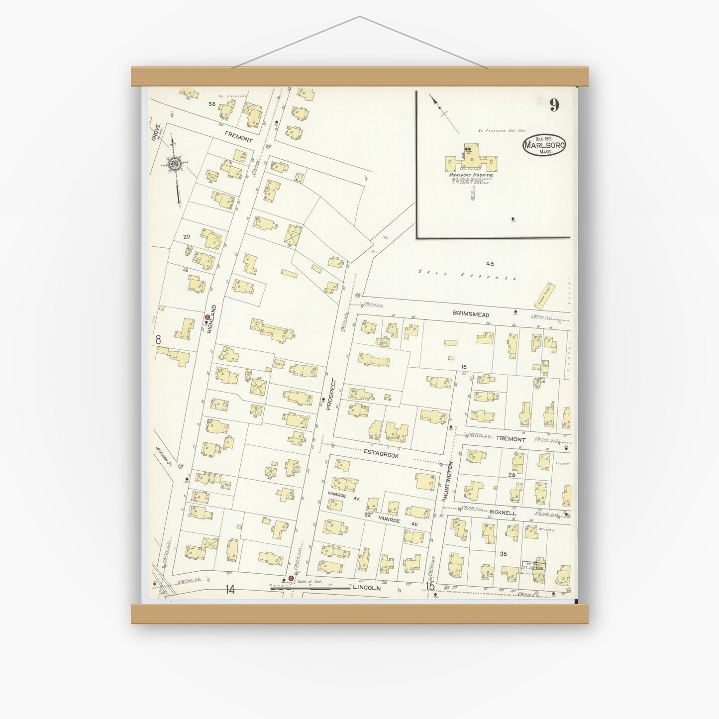 Old map wall art mockup — magnetic wood frame on white wall — Sanborn Fire Insurance Map from Marlborough, Middlesex County, Massachusetts (1912), Sheet #0009