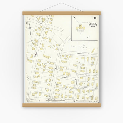 Old map wall art mockup — magnetic wood frame on white wall — Sanborn Fire Insurance Map from Marlborough, Middlesex County, Massachusetts (1912), Sheet #0009
