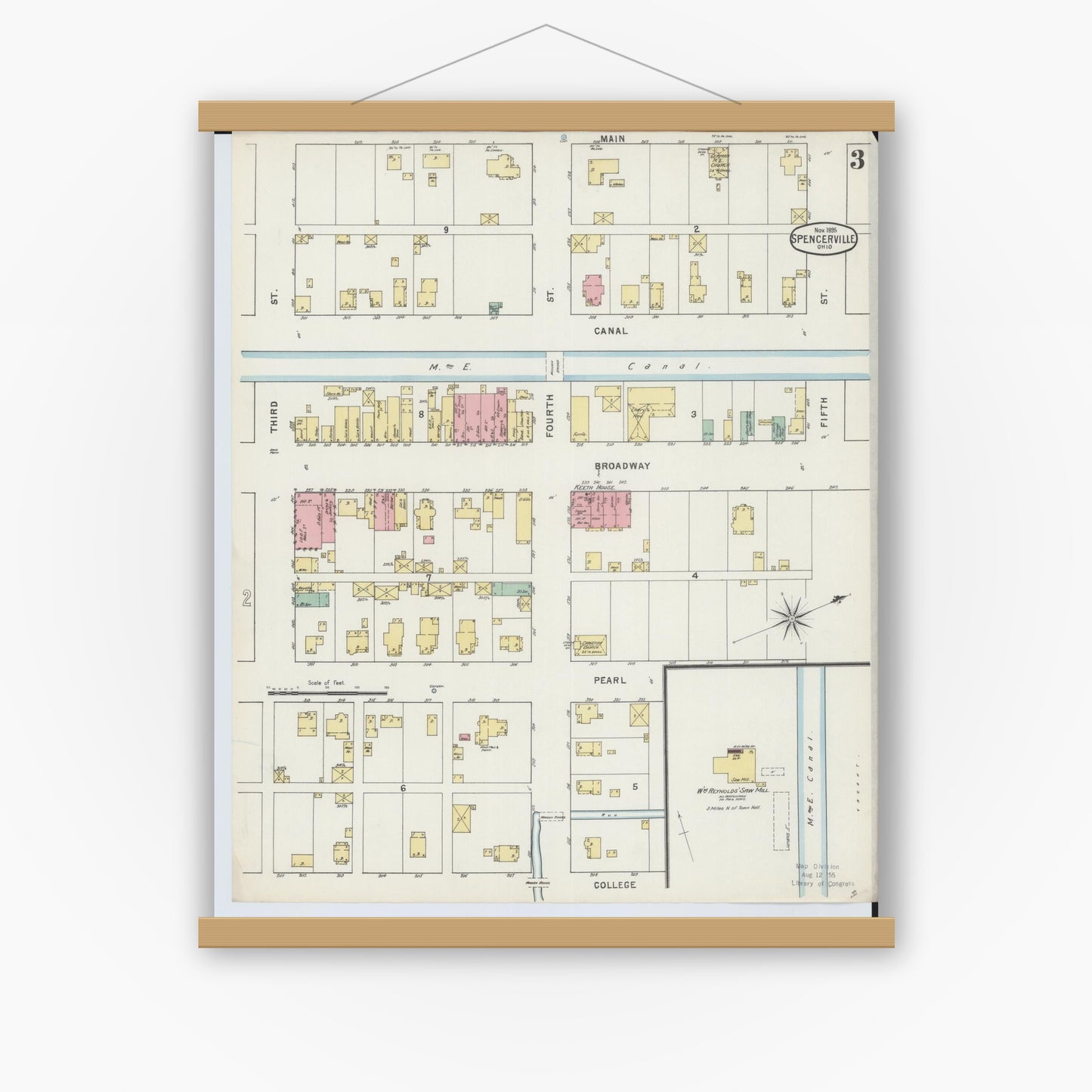 Old map wall art mockup — magnetic wood frame on white wall — Sanborn Fire Insurance Map from Spencerville, Allen County, Ohio (1895), Sheet #0003
