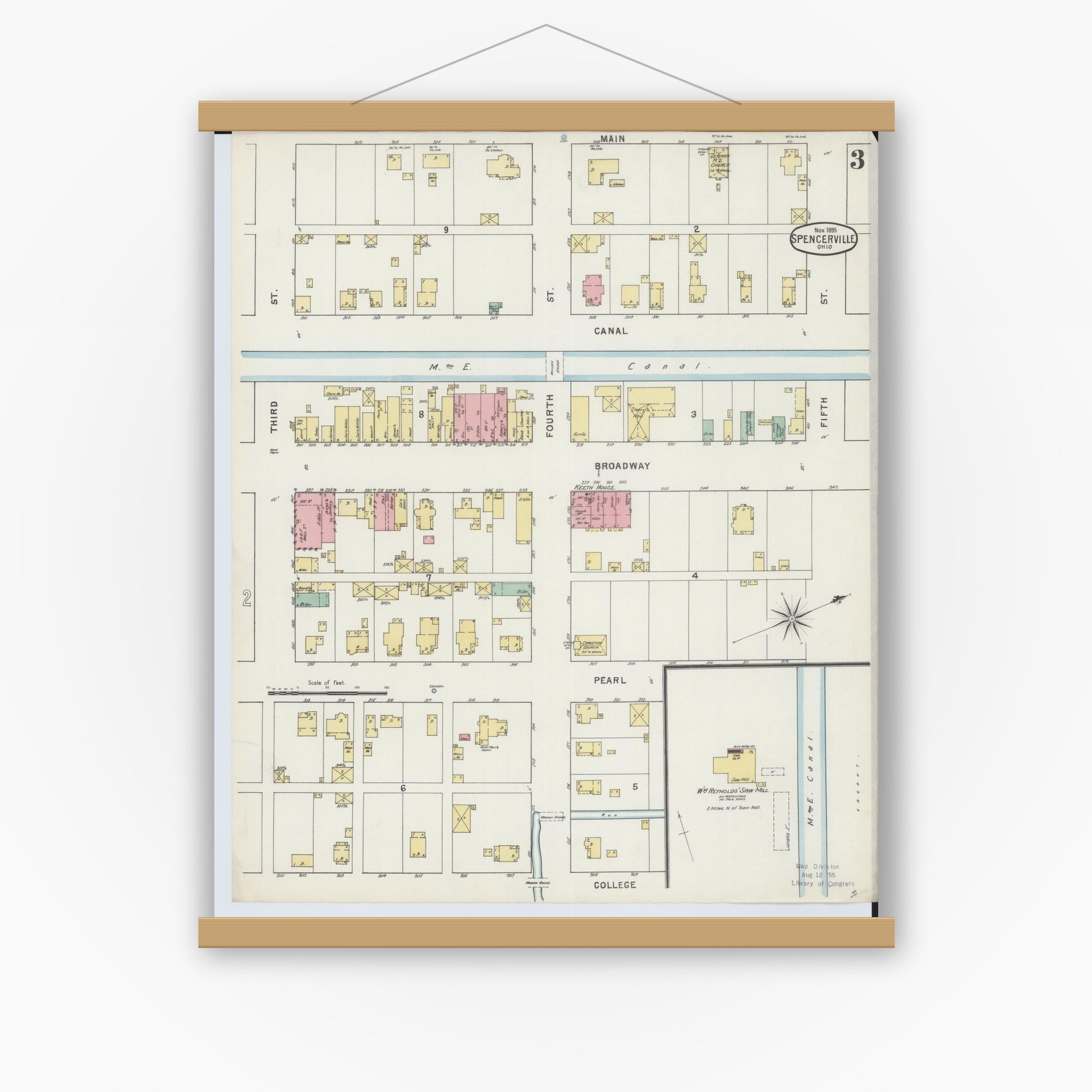 Old map wall art mockup — magnetic wood frame on white wall — Sanborn Fire Insurance Map from Spencerville, Allen County, Ohio (1895), Sheet #0003
