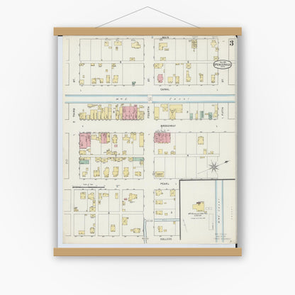 Old map wall art mockup — magnetic wood frame on white wall — Sanborn Fire Insurance Map from Spencerville, Allen County, Ohio (1895), Sheet #0003