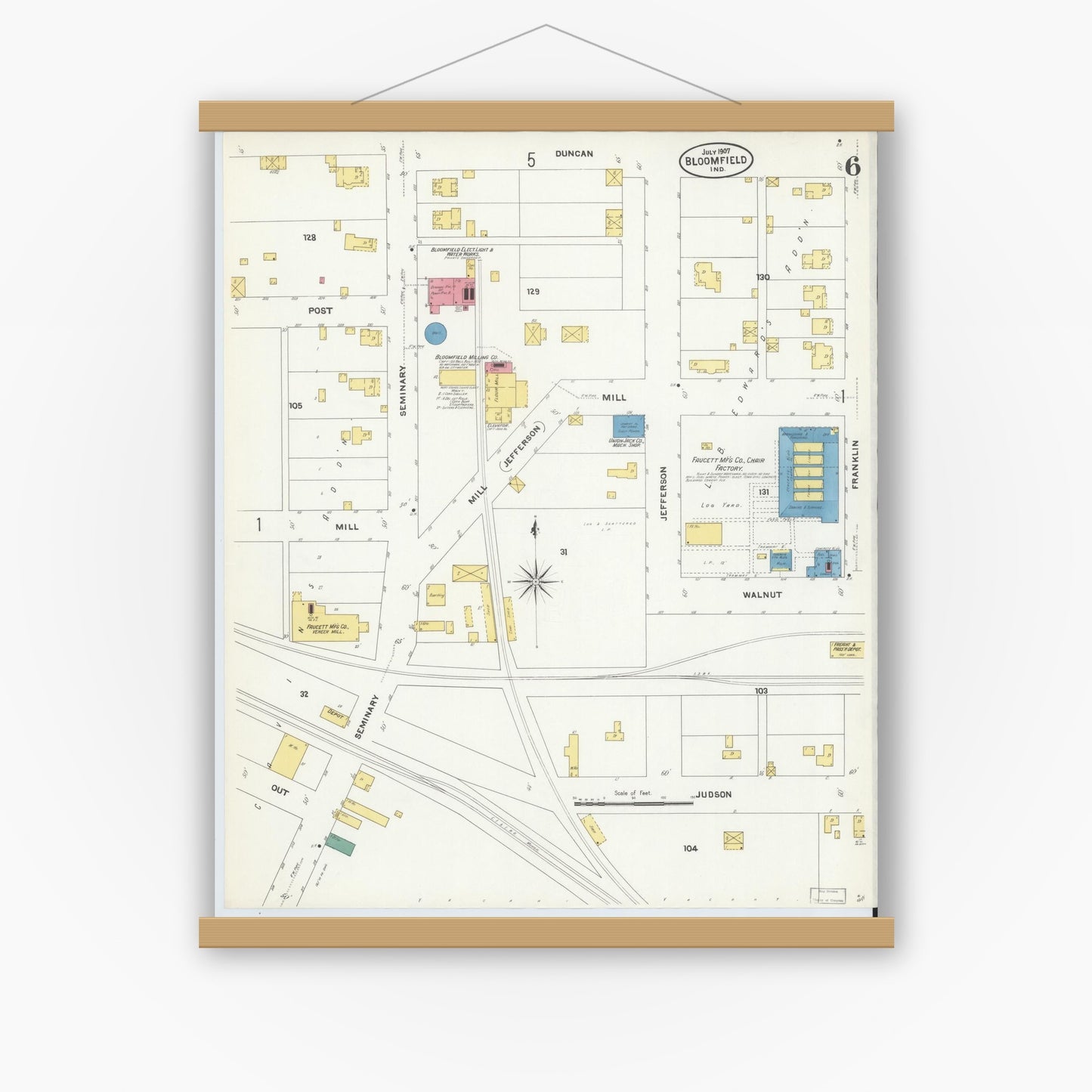 Old map wall art mockup — magnetic wood frame on white wall — Sanborn Fire Insurance Map from Bloomfield, Greene County, Indiana (1907), Sheet #0006