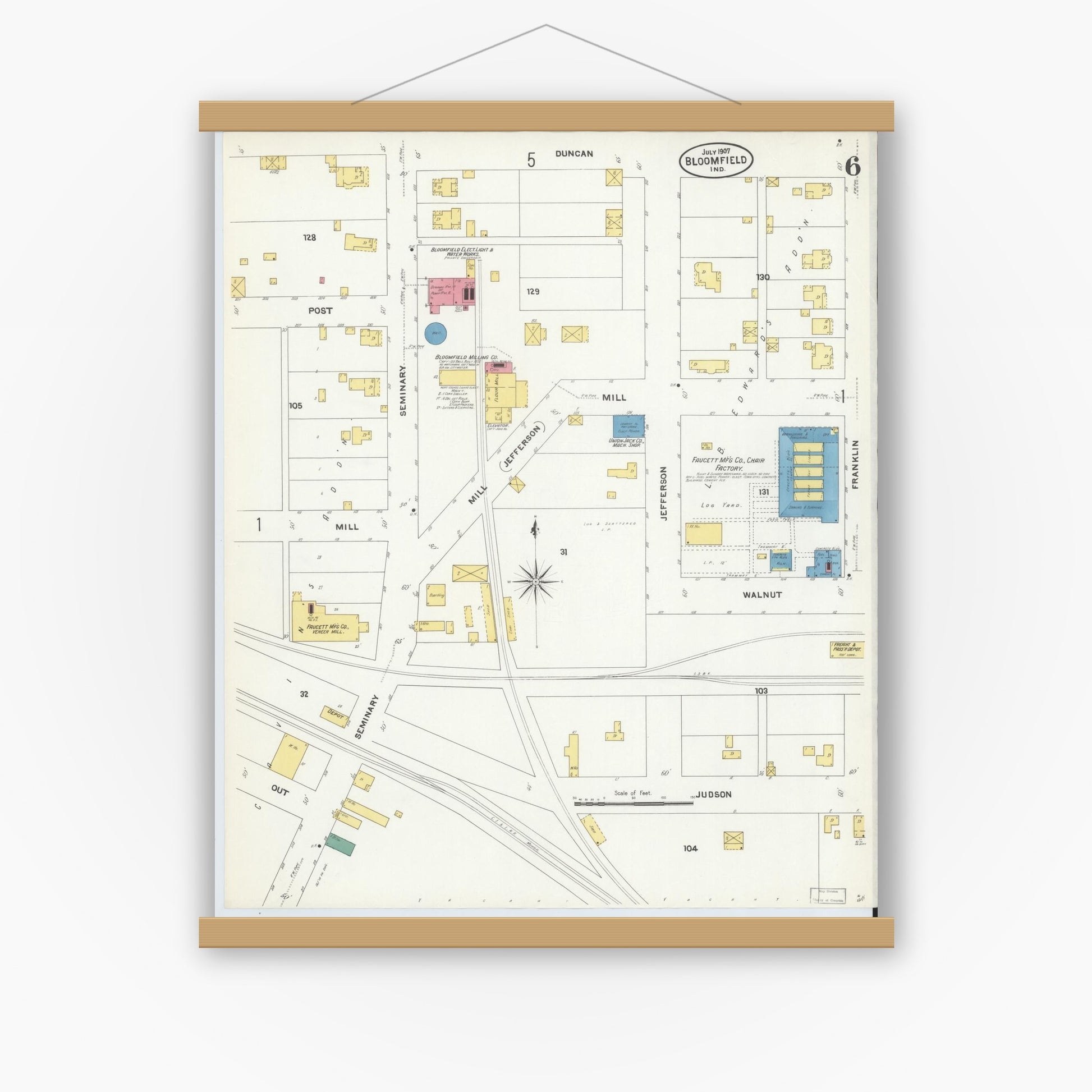 Old map wall art mockup — magnetic wood frame on white wall — Sanborn Fire Insurance Map from Bloomfield, Greene County, Indiana (1907), Sheet #0006