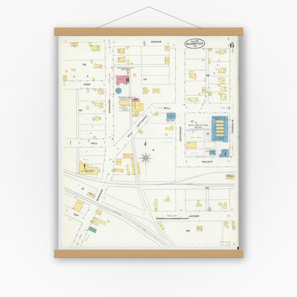 Old map wall art mockup — magnetic wood frame on white wall — Sanborn Fire Insurance Map from Bloomfield, Greene County, Indiana (1907), Sheet #0006