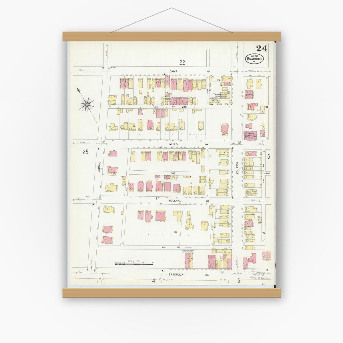 Old map wall art mockup — magnetic wood frame on white wall — Sanborn Fire Insurance Map from Braddock, Allegheny County, Pennsylvania (1908), Sheet #0024
