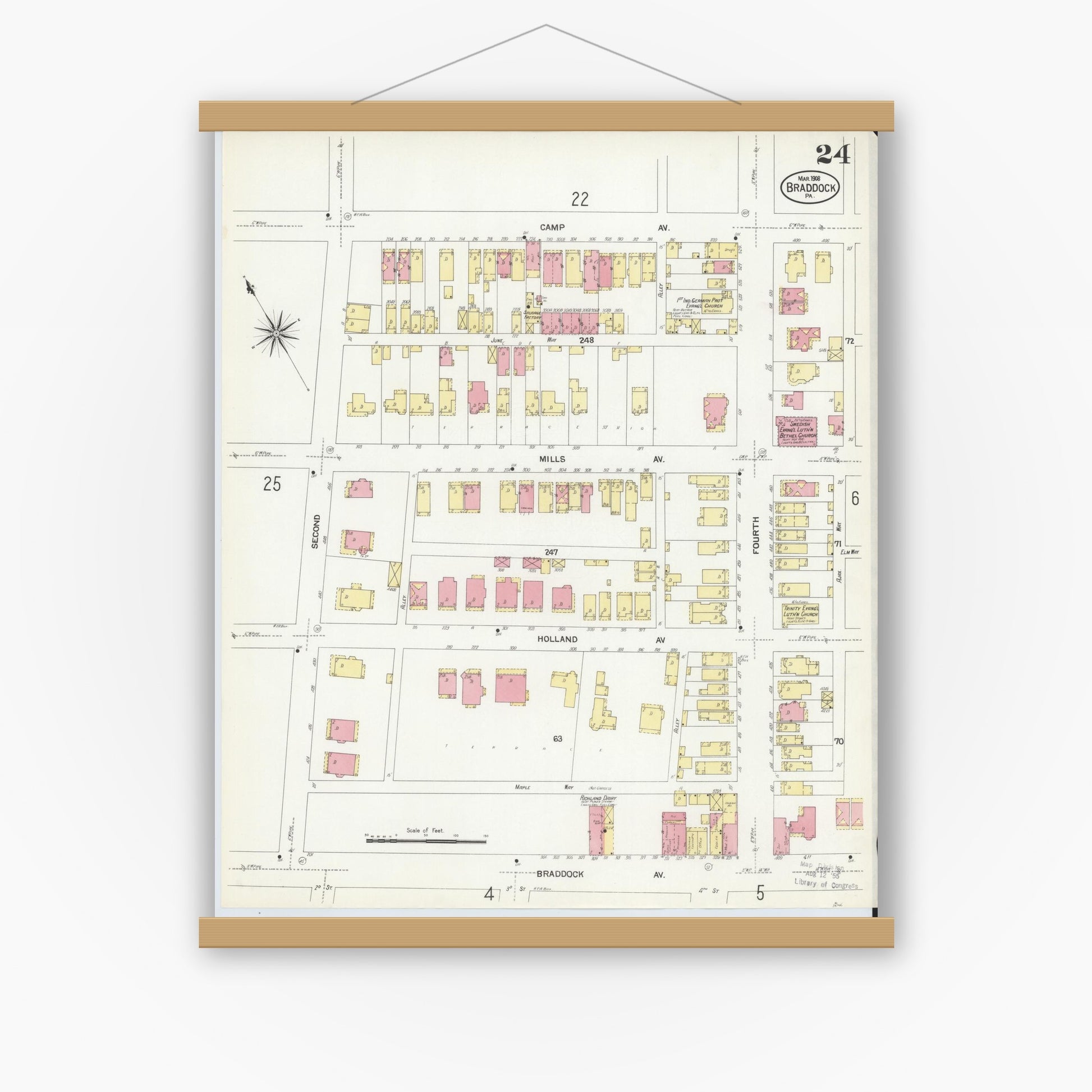 Old map wall art mockup — magnetic wood frame on white wall — Sanborn Fire Insurance Map from Braddock, Allegheny County, Pennsylvania (1908), Sheet #0024