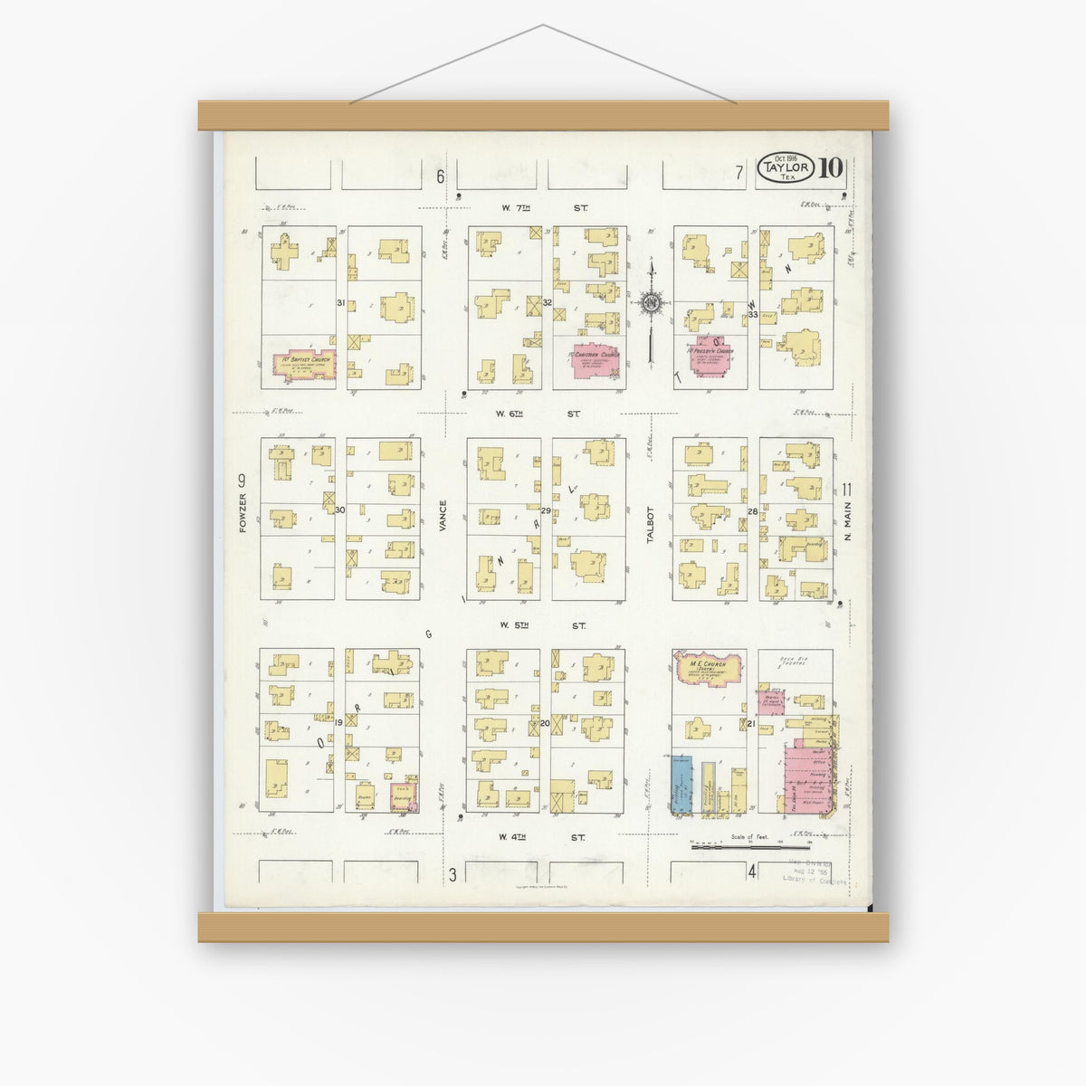 Old map wall art mockup — magnetic wood frame on white wall — Sanborn Fire Insurance Map from Taylor, Williamson County, Texas (1916), Sheet #0010