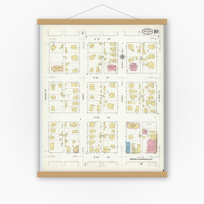 Old map wall art mockup — magnetic wood frame on white wall — Sanborn Fire Insurance Map from Taylor, Williamson County, Texas (1916), Sheet #0010