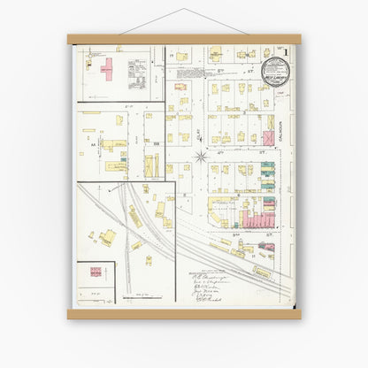 Old map wall art mockup — magnetic wood frame on white wall — Sanborn Fire Insurance Map from West Liberty, Muscatine County, Iowa (1893), Sheet #0001