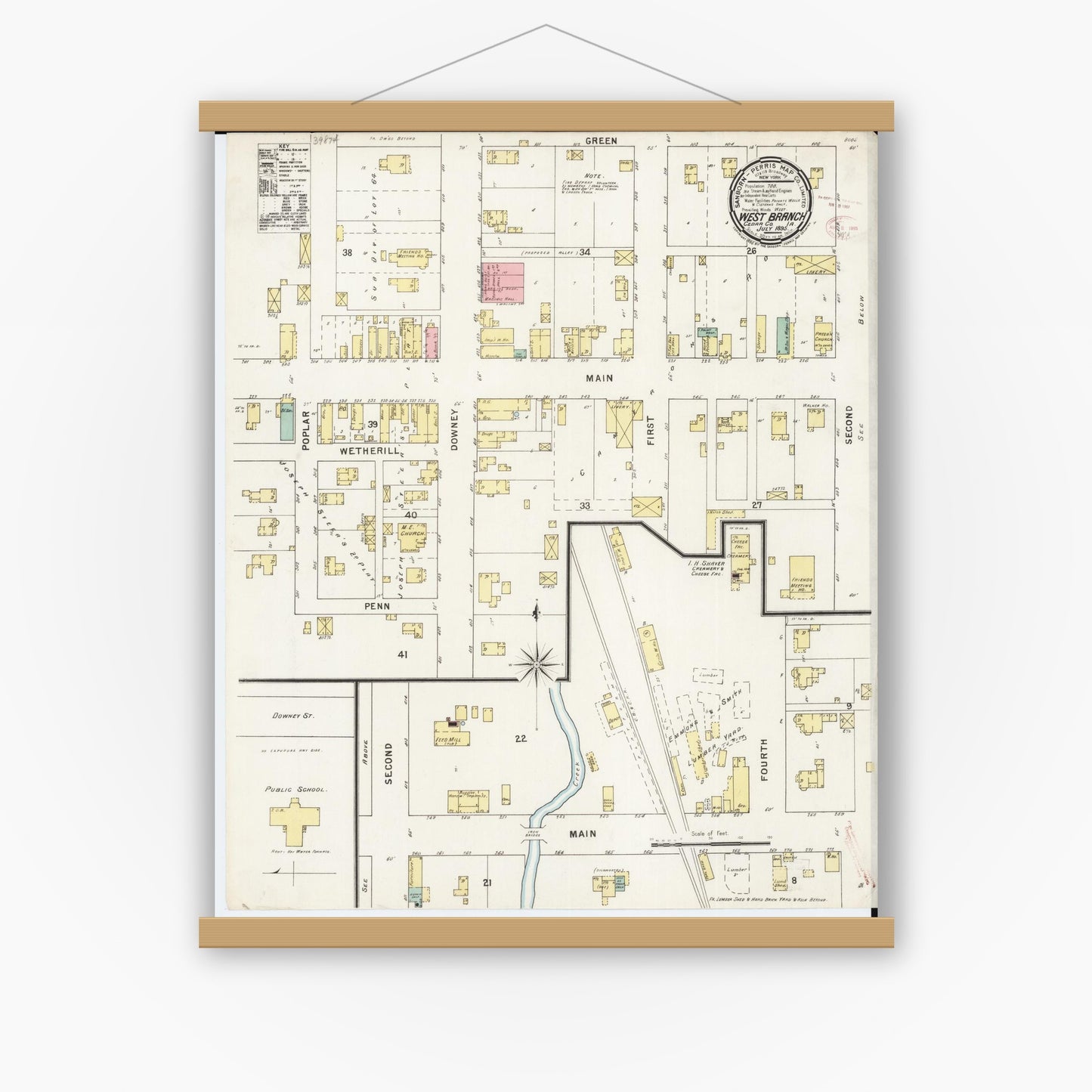 Old map wall art mockup — magnetic wood frame on white wall — Sanborn Fire Insurance Map from West Branch, Cedar County, Iowa (1895), Sheet #0001