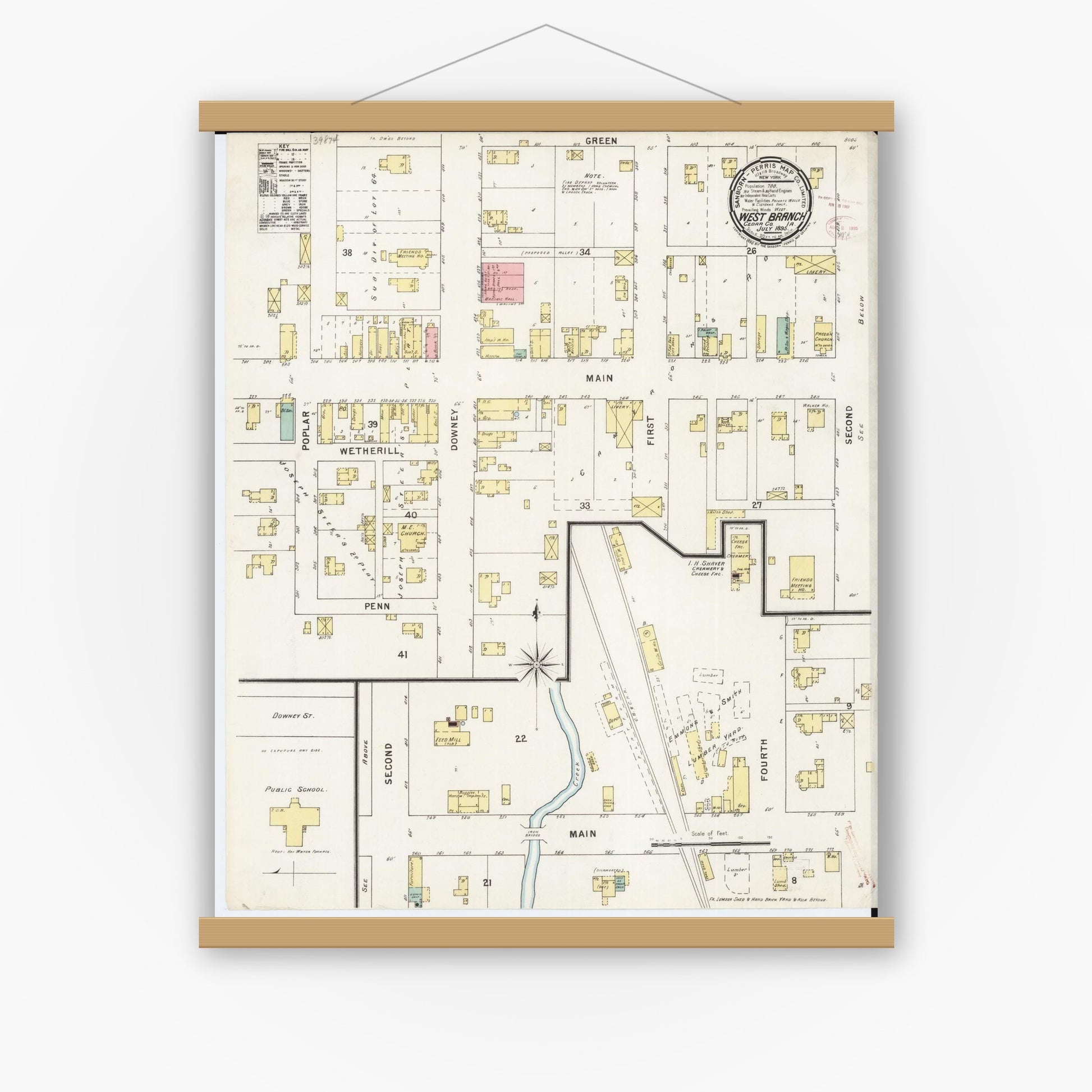 Old map wall art mockup — magnetic wood frame on white wall — Sanborn Fire Insurance Map from West Branch, Cedar County, Iowa (1895), Sheet #0001